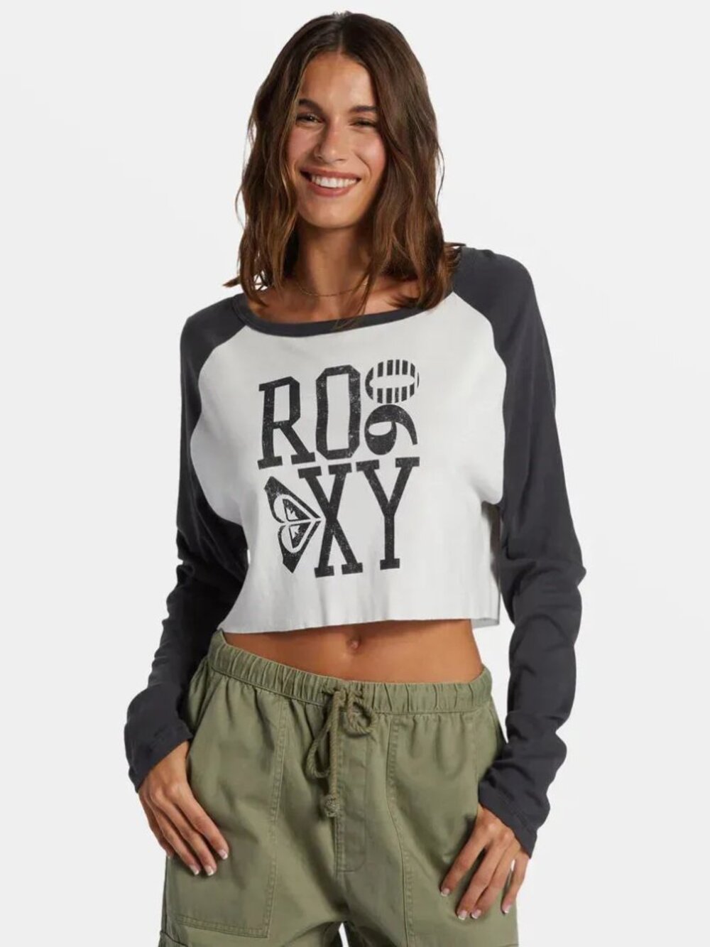 NWT Roxy M Black/ White Cropped Heritage 90 Cropped Long Sleeve Baseball Tee